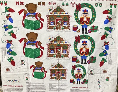 VTG Cranston Fabric Panel Christmas Appliques Gingerbread House Toy Soldier Tree - Image 1 of 4
