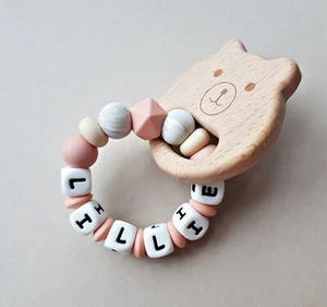 Teether toy wooden silicone personalised baby gift teething personalized newborn - Picture 1 of 12
