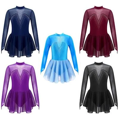Girls Mesh Figure Ice Skating Dress Dance Leotard Tutu Skirt Performance Costume - Image 1 of 3