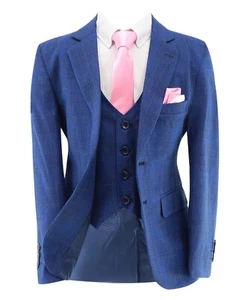 Boys Plaid Check Suit Tailored Fit Mid Blue Formal Pageboy Wedding Prom Set - Picture 1 of 23