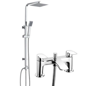 Bath Shower Mixer Tap With Square Modern 3 Way Rigid Riser Rail Kit Waterfall - Picture 1 of 11