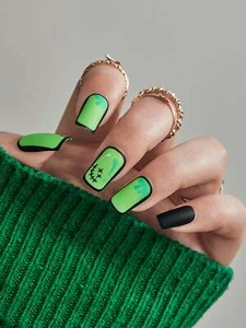 24pcs Short SquareLime Green Comics Fake Nail False Nails Press On Nails Glue - Picture 1 of 6