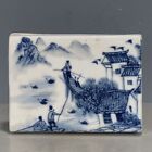 Pierres d'encre en porcelaine chinoise dynastie Qing paysage bleu et blanc 3,85 pouces