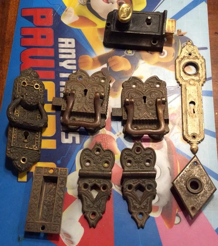 Antique Door Locks Plates and Hinges Hardware Lot Cover