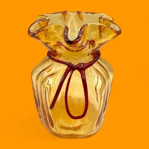 Rare Amber Ribbed Glass Sack Vase 5" - Vintage - Picture 1 of 9