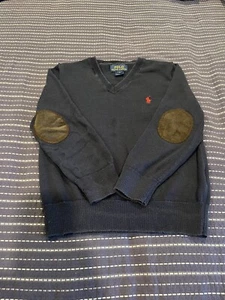 Polo Ralph Lauren Boys Sweater Navy Blue V Neck With Brown Elbow Patches Size 5 - Picture 1 of 8