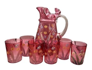 ANCIEN ensemble pichet et 6 gobelets en verre victorien canneberge rose rouge floral ** - Photo 1/16