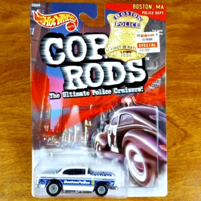 Veículo Hot Wheels Cop Rods '55 Chevy branco preto pilotos reais Boston Police 1999 - Imagem 1 de 3