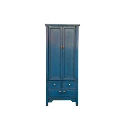 Oriental Dark Teal Blue Narrow Wood Detail Door Drawers Storage Cabinet cs7824 - Image 1 of 4
