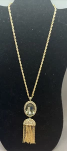 Gold Tone Signed AKKAD "You Rock"gray Crystal rhinestone Tassel Necklace - Picture 1 of 9