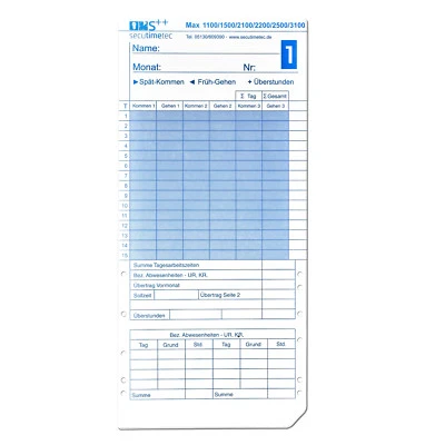 Stempelkarten für MAX Stempeluhren ER2500 ER2700 ER3100 200 Stück