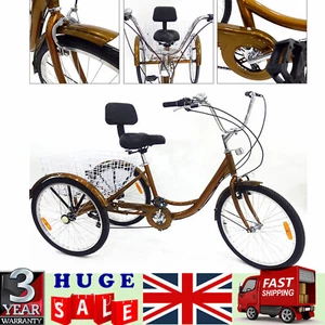 24" 6 Speed Adult Tricycle 3Wheel Trike Cruiser Bike w/Basket for Shopping Gold - Picture 1 of 12