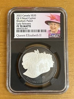 2022 Canada S$20 Queen Elizabeth II Royal Cypher Rhodium Plated PF 70 Matte NGC - Image 1 of 4