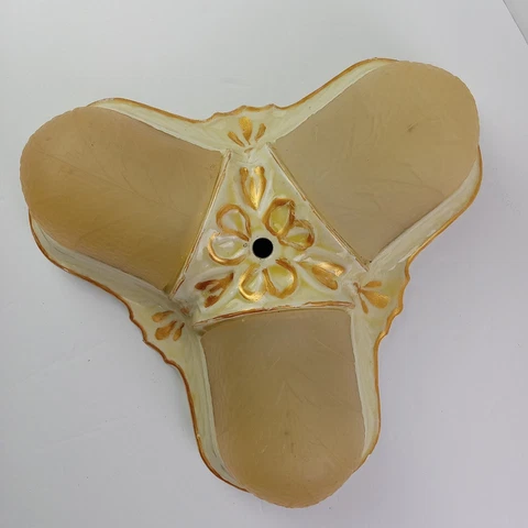 Art Deco Slip Shade Fixture Three 3 Light Flush Mount Porcelain Vintage Yellow Cover