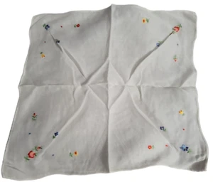 White Linen Handkerchief 10in Square Blue Red Yellow Floral Embroidery Vintage - Picture 1 of 3