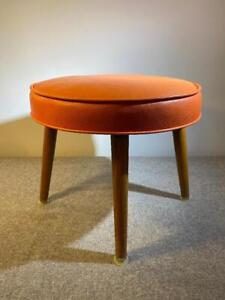 Vintage Mid Century Modern Retro Orange Ottoman, Tapered Leg Round Footstool