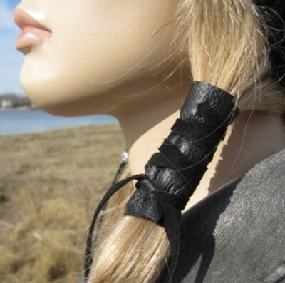 Ponytail Holders Leather Hair Wrap Ties Top BOHO Bohemian Clothing Jewelry Black - Image 1 of 4
