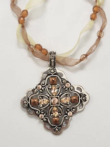 1928 Pendant Necklace Peach Yellow Brown Ribbon Rhinestones Beads Boho Nature - Picture 1 of 6