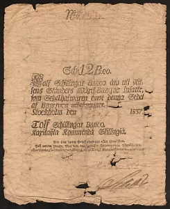 SWEDEN 12 SCHILLINGAR BANCO SCofWPM (FORMERLY PICK) # A100 of 1837 w' WATERMARK - Picture 1 of 3