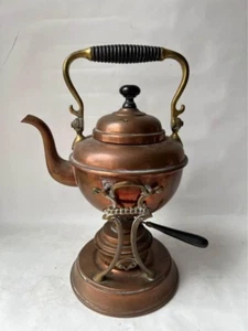 Vintage Victorian Brass Copper Tea Pot Kettle w/ Burner Warmer Stand - Picture 1 of 24