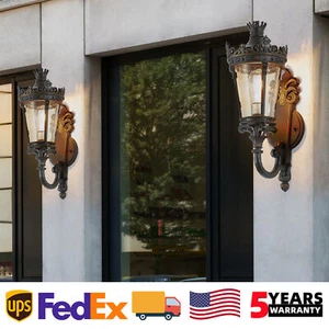 21'' Wall Light Outdoor Vintage Antique Crown w Glass Shade Sconce Porch Fixture - Picture 1 of 9