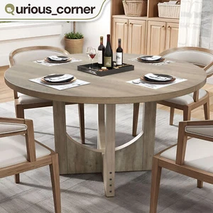 47" Round Dining Table 4 People Kitchen Living Room Oak Wood Desk Farmhouse Legs - Picture 1 of 11