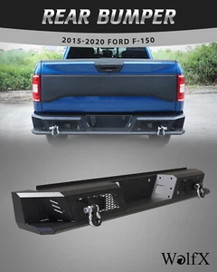 For 2015-2020 Ford F-150 Black Steel Rear Bumper w/ LED Lights+D-Rings+Rear Step - Picture 1 of 11