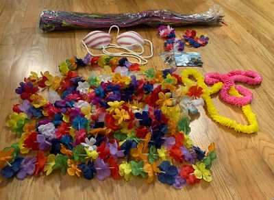 Hawaiano Luau Tiki Fiesta Disfraz Flor Leí Lote Concha Sujetador Loro Pendientes Falda Foto 1 de 4