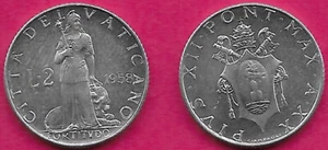 CIUDAD DEL VATICANO 2 LIRAS 1958 SIN CIRCULAR PAPA PIVS XII, FORTALEZA DE PIE CON LEÓN EN SU F - Imagen 1 de 1