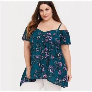 Top Babydoll Georgette Verde Floral Tórrido Hombro Frío - Talla 1 o EE. UU. 14/16 - Imagen 1 de 5