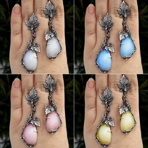 925 Silver Ear Hook Vintage Moonstone Dangle Drop Earrings Women Wedding Jewelry