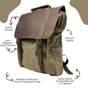 R&R Leder: Canvas und Echtleder Laptop Rucksack mit 14" Hülle - Grün - Bild 1 von 6