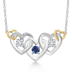 925 Silver and 10K Yellow Gold Created Sapphire and White Lab Grown Diamond - Picture 1 of 3