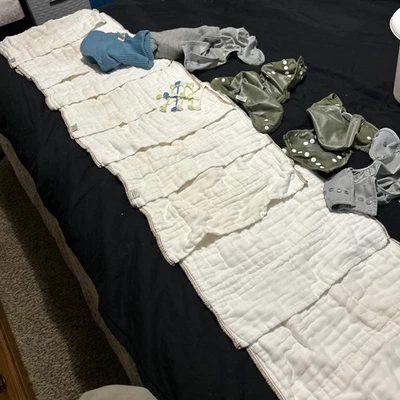 10 Cotton Diapers Large Size, 4 0-9 Mo Waterproof Liners, 12-24 Mo Wool Liners - Image 1 of 4