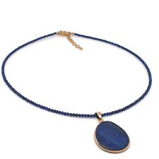 Blue Lapis Lazuli Necklace Beaded Natural Gemstone Flat Slice Pendant Handmade