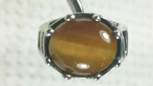 sz 6 VTG BRUTALIST GOLDEN YELLOW IRIDESCENT TIGERS EYE STERLING SILVER RING - Picture 1 of 9