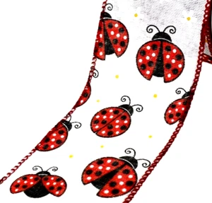 Red Lady Bugs 2.5" by 2 yd White Wired Ribbon White Flowers Spring Summer - Picture 1 of 6