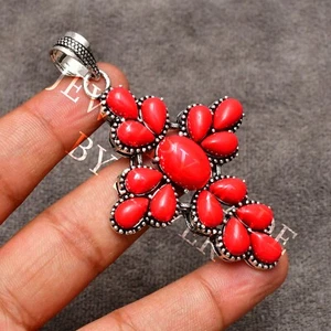 Red Coral Gemstone 925 Sterling Silver Handmade Jewelry Pendant 2.85" - Picture 1 of 8
