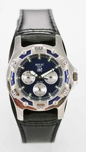 Relic Watch Men Blue Day Date 24hr Stainless Silver Black Leather 50m Quartz - Picture 1 of 3