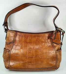Genuine Leather FOSSIL Croc Embossed Handbag Brown Tan Purse, Very Nice - Picture 1 of 11