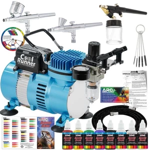 Master 3 Airbrush, Air Compressor & Hose Kit, 6 Primary Colors Acrylic Paint Set - Picture 1 of 5