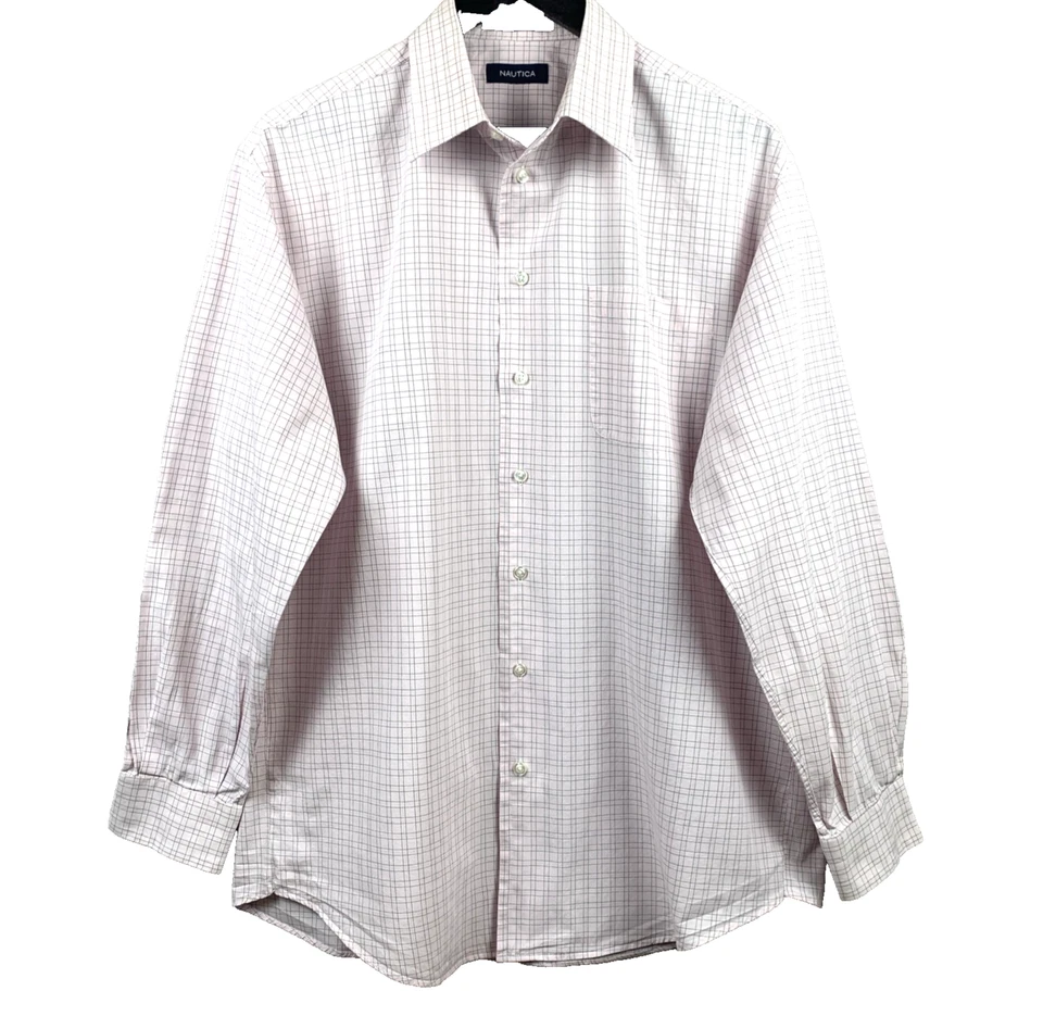 NAUTICA Button Up Dress Shirt Mens Sz 16 1/2 x 34/35 Pink Gray Window Pane Plaid - Image 1 of 4