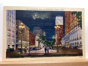 Washington Blvd. By Moonlight: Detroit, MI - Vintage Postcard - Picture 1 of 3