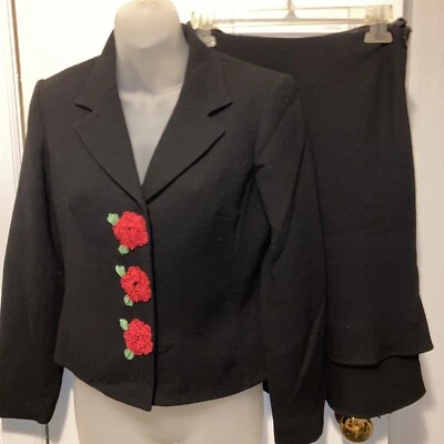 RICKIE FREEMAN para TERI JON Falda Traje Negro Lana Crepé Rojo Apliques Florales Talla 2 Foto 1 de 4