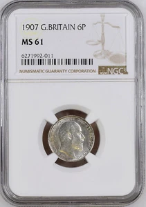 1907 UK Great Britain 6 Pence Edward VII - Coin Uncirculated NGC MS 61 - Picture 1 of 3