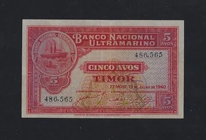 Portugal Portuguese TIMOR 5 AVOS 1940 P-12 AU-UNC RARE - Picture 1 of 2