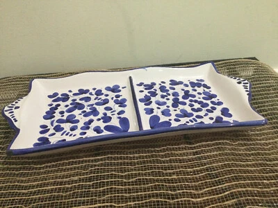 blue white handpaint 2 sections 12'' tray UNMARKED Italy Portugal ? floral CHIP - Image 1 of 4