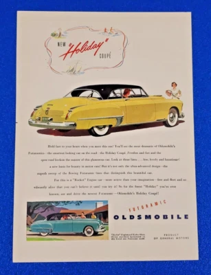 1949 OLDSMOBILE "HOLIDAY COUPE" ORIGINAL COLOR PRINT AD SHIPS FREE YELLOW OLDS - Image 1 of 2