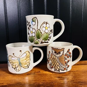 3 Vintage Eule Schmetterling Blume Becher Blumen Steinzeug Becher Japan MCM WUNDERSCHÖN - Bild 1 von 8