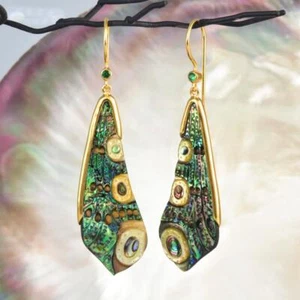 Dragonfly Wing Earrings Abalone Carving Gold Vermeil Sterling & Emerald 6.01 g - Picture 1 of 12